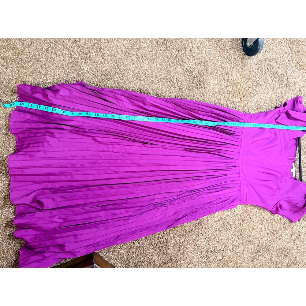 Ivy City Co Magenta Purple Pleated Midi Dress Bow Shoulder Square Neck Womens M - Picture 6 of 8